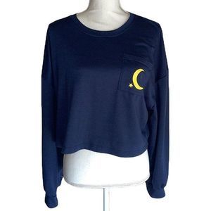 RoMwe Dark Blue Long Sleeve Crop Top